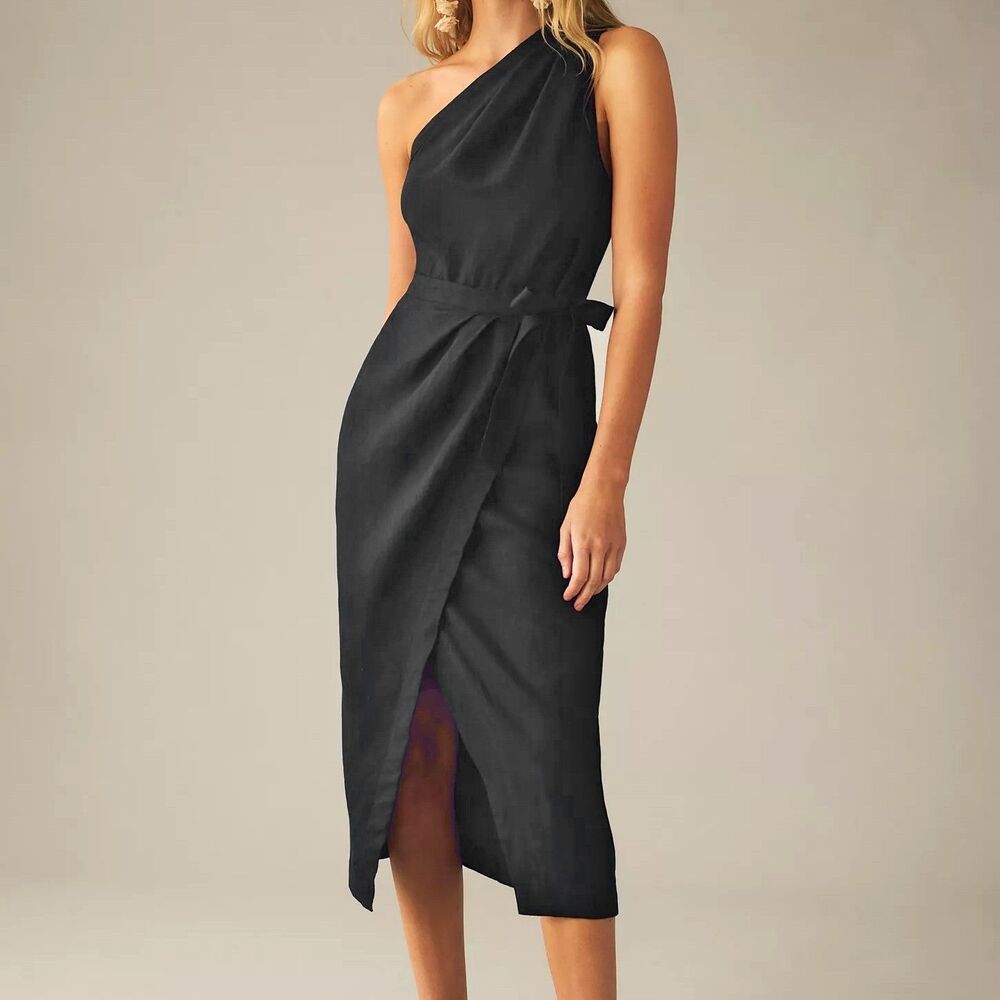 By Anthropologie One-Shoulder Wrap Dress Size 2 Black Linen Midi